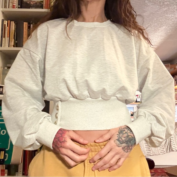 Gray Cropped Sweatshirt with Button Detail - Picture 2 of 5